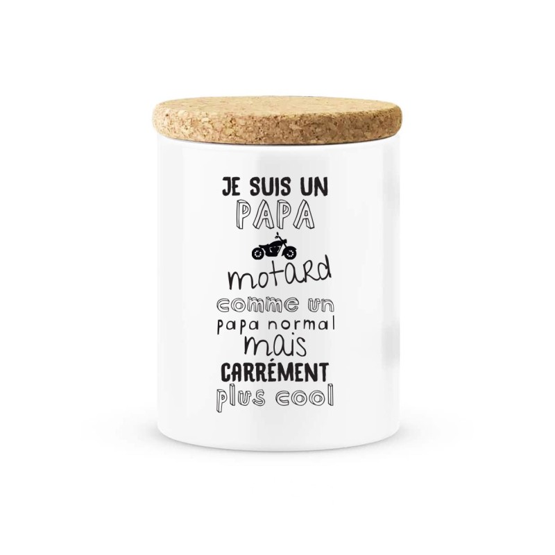 Pot céramique avec couvercle en liège citation imprimé Je suis un papa motard