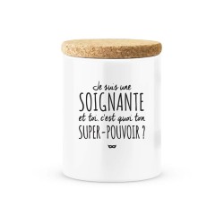 Pot céramique avec couvercle en liège citation imprimé Je suis une soignante est toi c'est quoi ton super pouvoir ?