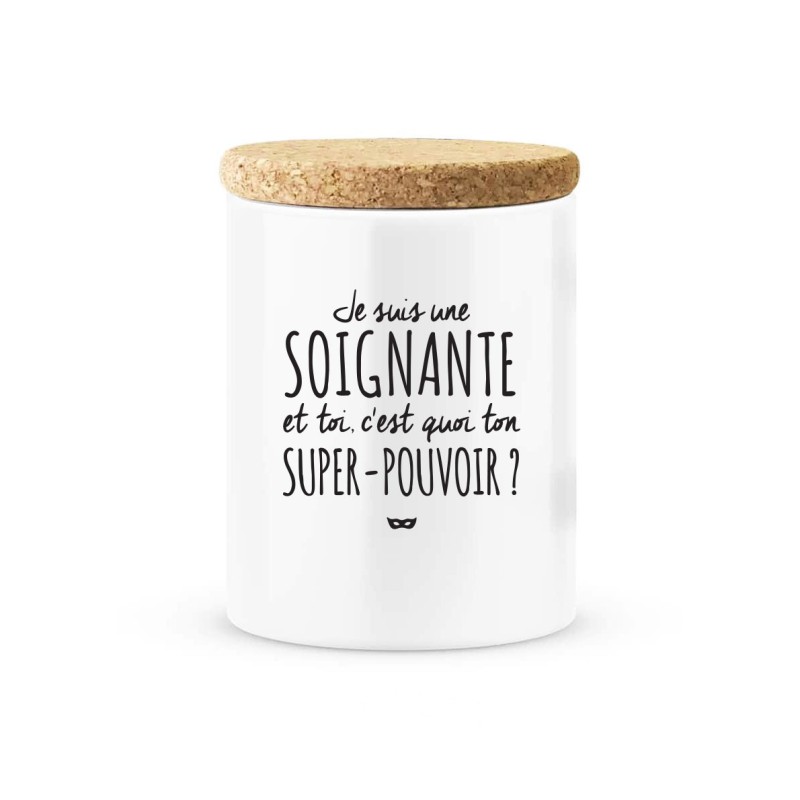 Pot céramique avec couvercle en liège citation imprimé Je suis une soignante est toi c'est quoi ton super pouvoir ?