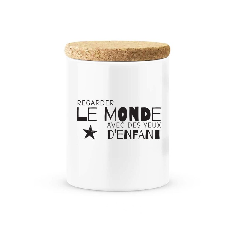Pot céramique avec couvercle en liège citation imprimé Regarder le monde avec des yeux d'enfant