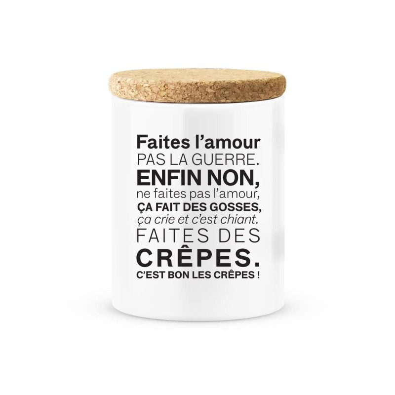 Pot céramique avec couvercle en liège citation imprimé Faites l'amour pas la guerre enfin non ça fait des gosses