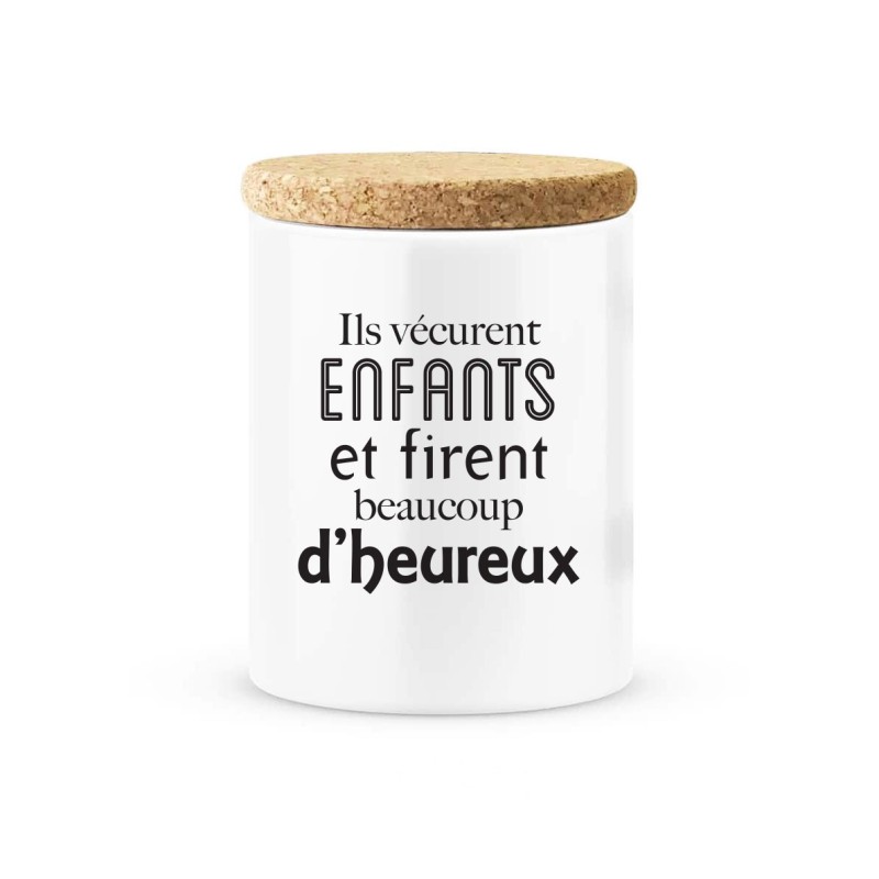 Pot céramique avec couvercle en liège citation imprimé Ils vécurent enfants et firent beaucoup d'heureux
