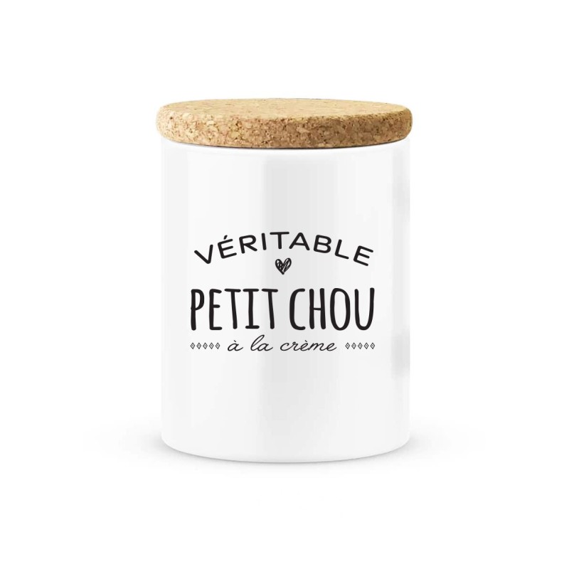 Pot céramique avec couvercle en liège citation imprimé Véritable petit chou a la crème