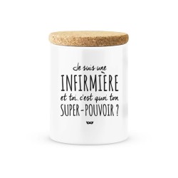 Pot céramique avec couvercle en liège citation imprimé Je suis une infirmière et toi c'est quoi ton super pouvoir?