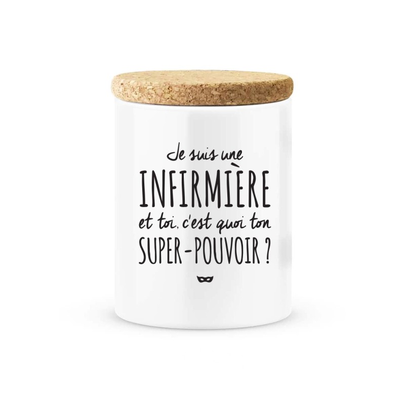 Pot céramique avec couvercle en liège citation imprimé Je suis une infirmière et toi c'est quoi ton super pouvoir?