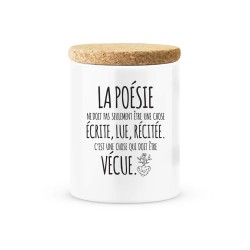 Pot céramique avec couvercle en liège citation imprimé La poésie c'est une chose qui doit être vécue