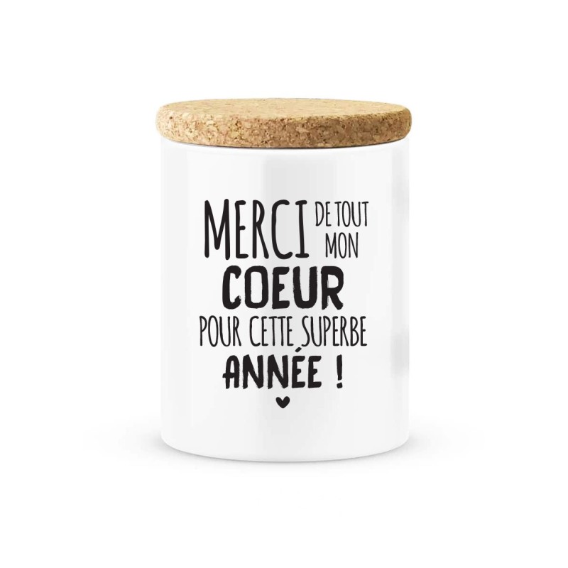 Pot céramique avec couvercle en liège citation imprimé Merci de tout mon coeur pour cette superbe année
