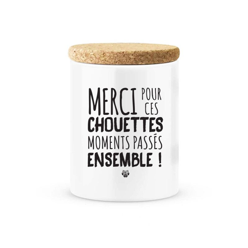 Pot céramique avec couvercle en liège citation imprimé Merci pour ces chouettes moments passés ensemble