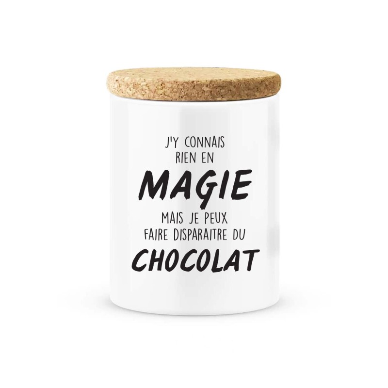 Pot céramique avec couvercle en liège citation imprimé Magie je peux faire disparaitre du chocolat