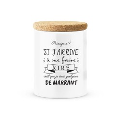 Pot céramique avec couvercle en liège citation imprimé Si j'arrive a me faire rire c'est que je suis quelqu'un de marrant