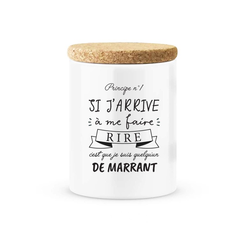 Pot céramique avec couvercle en liège citation imprimé Si j'arrive a me faire rire c'est que je suis quelqu'un de marrant