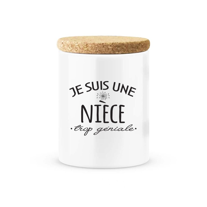Pot céramique avec couvercle en liège citation imprimé Je suis une nièce trop géniale