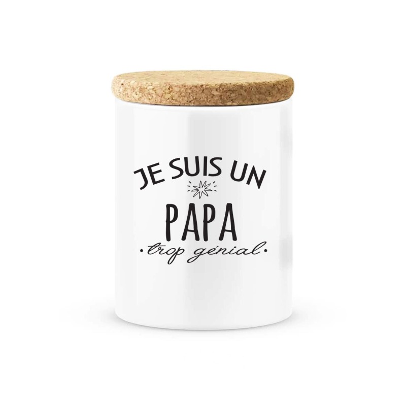 Pot céramique avec couvercle en liège citation imprimé Je suis un papa trop génial