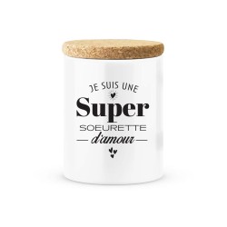Pot céramique avec couvercle en liège citation imprimé Je suis une super soeurette d'amour