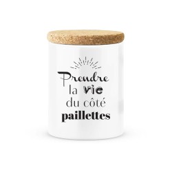 Pot céramique avec couvercle en liège citation imprimé Prendre la vie du coté paillettes