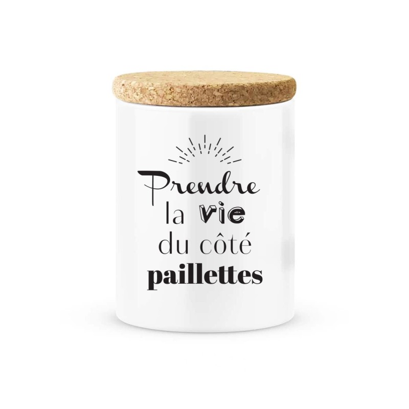 Pot céramique avec couvercle en liège citation imprimé Prendre la vie du coté paillettes