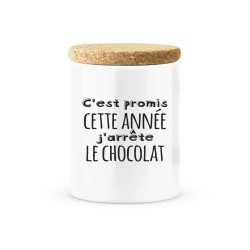Pot céramique avec couvercle en liège citation imprimé C'est promis cette année j'arrête le chocolat