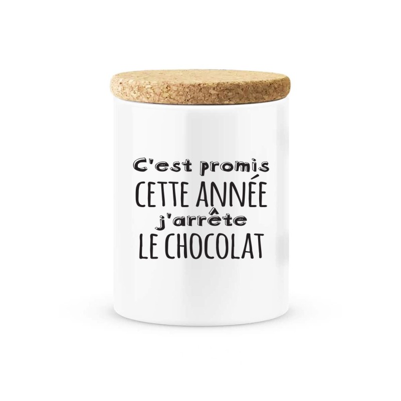 Pot céramique avec couvercle en liège citation imprimé C'est promis cette année j'arrête le chocolat