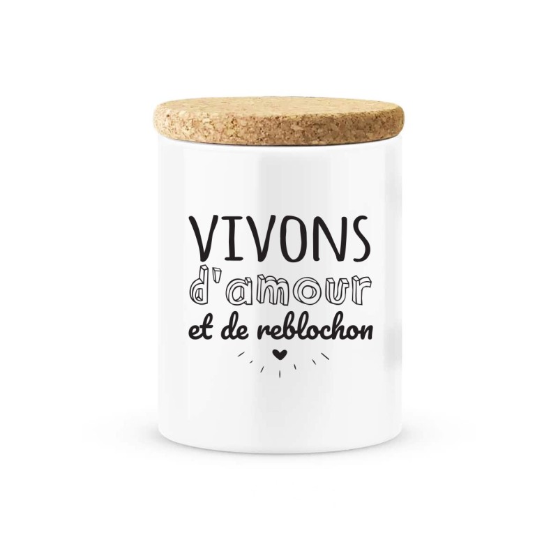 Pot céramique avec couvercle en liège citation imprimé Vivons d'amour et de reblochon