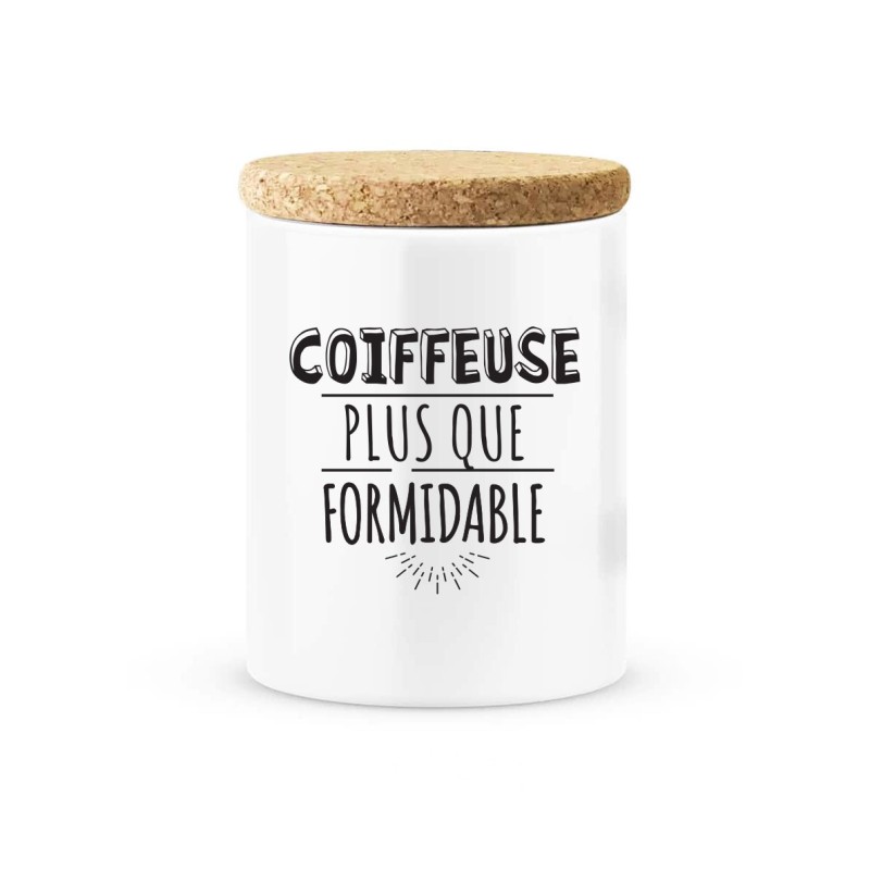 Pot céramique avec couvercle en liège citation imprimé Coiffeuse plus que formidable