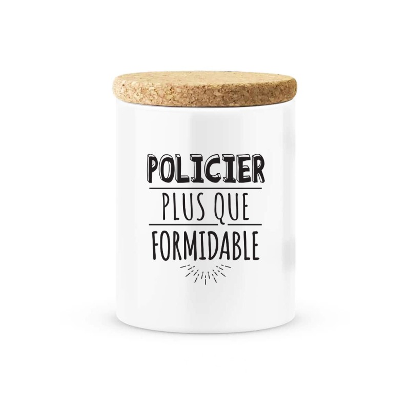 Pot céramique avec couvercle en liège citation imprimé Policier plus que formidable