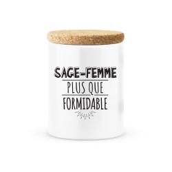 Pot céramique avec couvercle en liège citation imprimé Sage femme plus que formidable