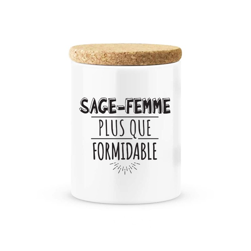 Pot céramique avec couvercle en liège citation imprimé Sage femme plus que formidable