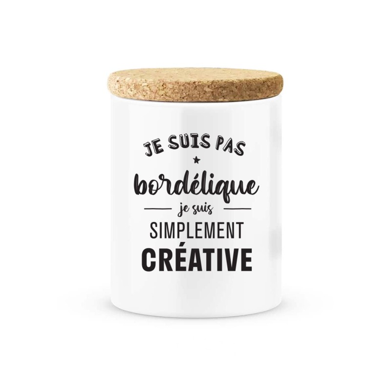 Pot céramique avec couvercle en liège citation imprimé Je suis pas bordélique je suis créative