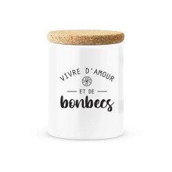Pot céramique avec couvercle en liège citation imprimé Vivre d'amour et de bonbecs