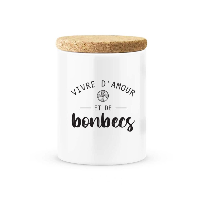 Pot céramique avec couvercle en liège citation imprimé Vivre d'amour et de bonbecs