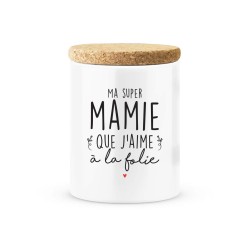 Pot céramique avec couvercle en liège citation imprimé Ma super mamie que j'aime a la folie