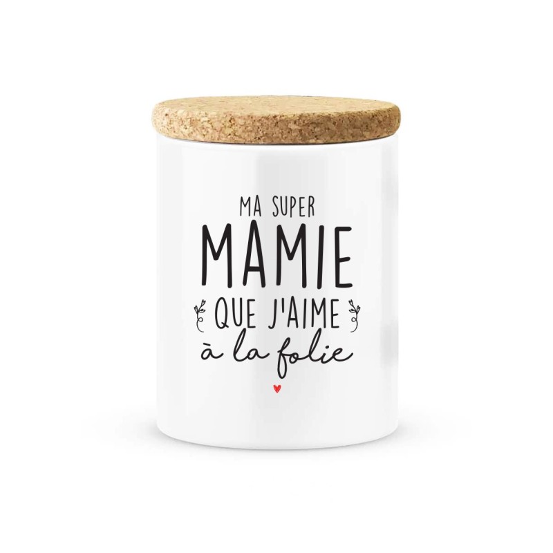 Pot céramique avec couvercle en liège citation imprimé Ma super mamie que j'aime a la folie