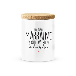 Pot céramique avec couvercle en liège citation imprimé Ma super Marraine que j'aime a la folie