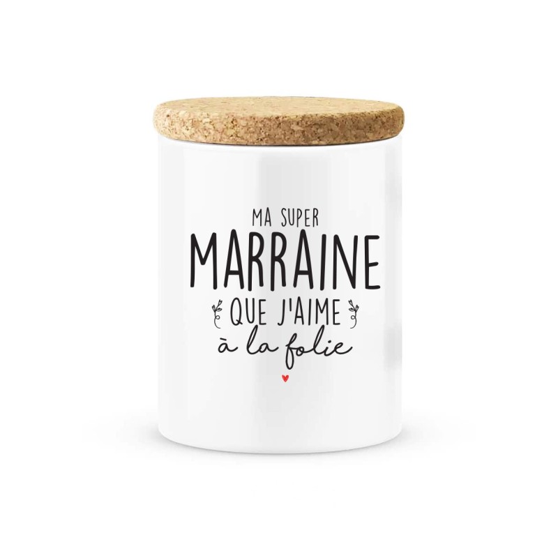 Pot céramique avec couvercle en liège citation imprimé Ma super Marraine que j'aime a la folie