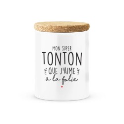 Pot céramique avec couvercle en liège citation imprimé Mon super Tonton que j'aime a la folie