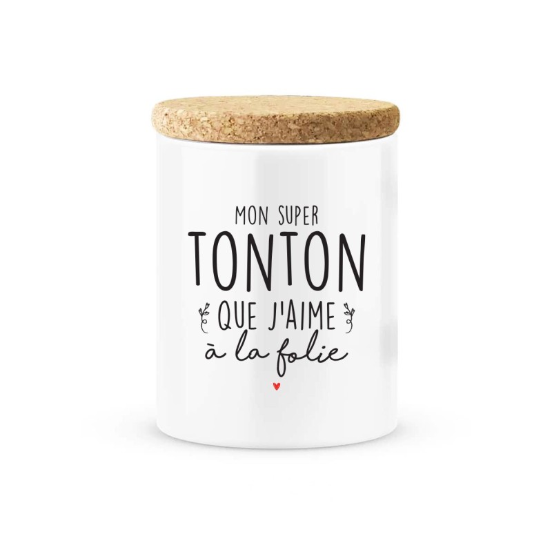 Pot céramique avec couvercle en liège citation imprimé Mon super Tonton que j'aime a la folie