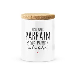 Pot céramique avec couvercle en liège citation imprimé Mon super parrain que j'aime a la folie