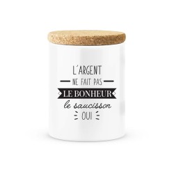 Pot céramique avec couvercle en liège citation imprimé L'argent ne fait pas le bonheur le saucisson oui