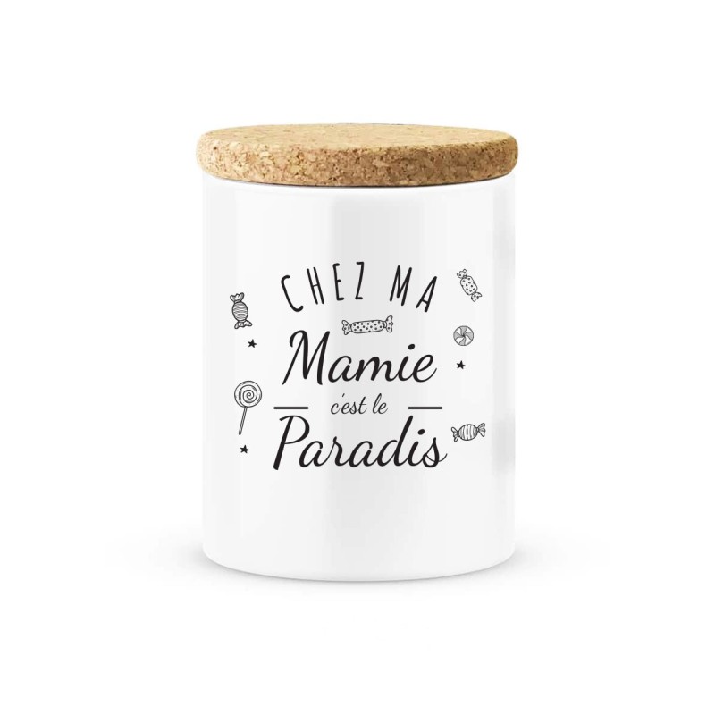 Pot céramique avec couvercle en liège citation imprimé Chez ma mamie c'est le paradis