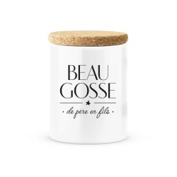 Pot céramique avec couvercle en liège citation imprimé Beau gosse de pere en fils