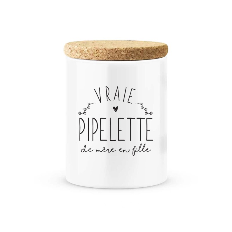 Pot céramique avec couvercle en liège citation imprimé Vraie pipelette de mère en fille