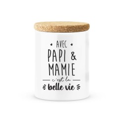 Pot céramique avec couvercle en liège citation imprimé Avec papi & mamie c'est la belle vie