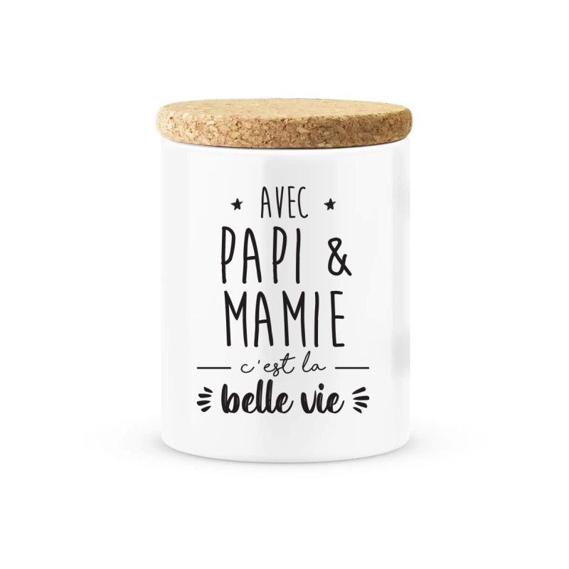 Pot céramique avec couvercle en liège citation imprimé Avec papi & mamie c'est la belle vie