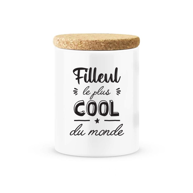 Pot céramique avec couvercle en liège citation imprimé Filleul le plus cool du monde