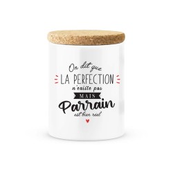 Pot céramique avec couvercle en liège citation imprimé On dit que la perfection n'existe pas mais parrain est bien réel
