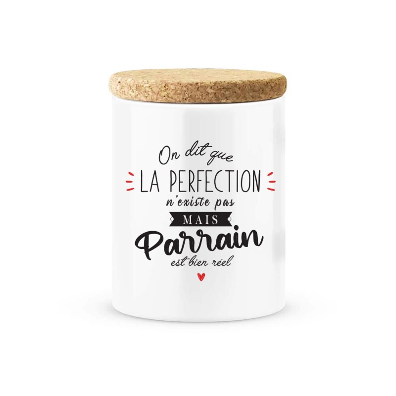 Pot céramique avec couvercle en liège citation imprimé On dit que la perfection n'existe pas mais parrain est bien réel