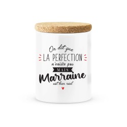 Pot céramique avec couvercle en liège citation imprimé On dit que la perfection n'existe pas mais Marraine est bien réel