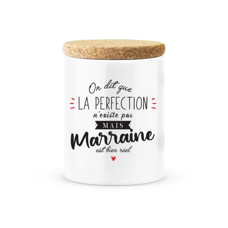 Pot céramique avec couvercle en liège citation imprimé On dit que la perfection n'existe pas mais Marraine est bien réel