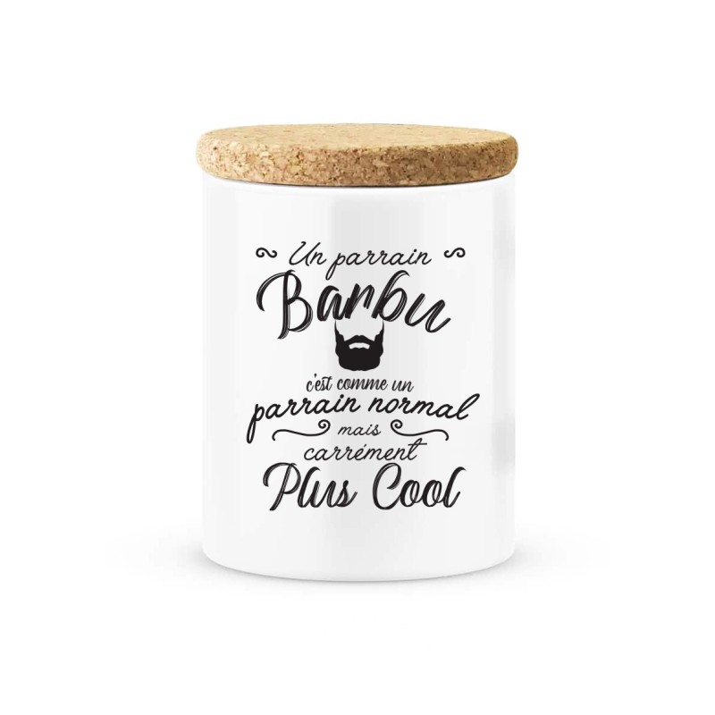 Pot céramique avec couvercle en liège citation imprimé Un parrain barbu c'est plus cool