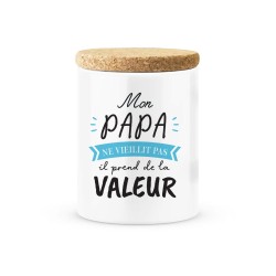 Pot céramique avec couvercle en liège citation imprimé Mon papa ne vieillit pas il prend de la valeur